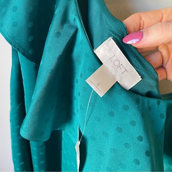 NEW Ann Taylor Green Satin Polka Dot One Shoulder Mini Dress - Picture 4 of 8